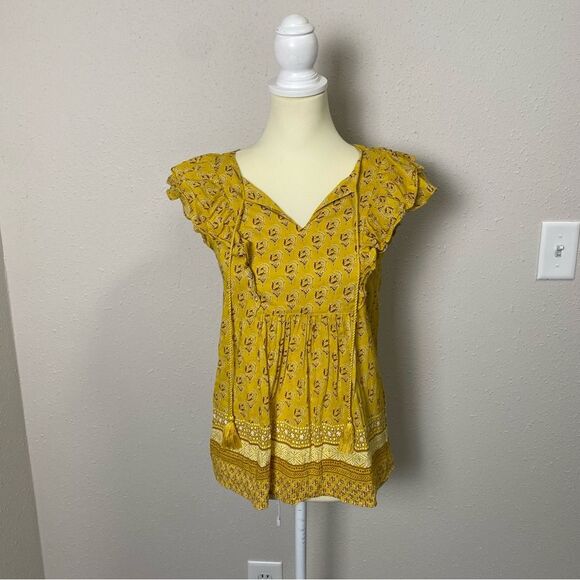 Rose + Olive Yellow Boho Short Flutter Sleeve Top W/ Tassels Women's Size Small - Picture 10 of 14